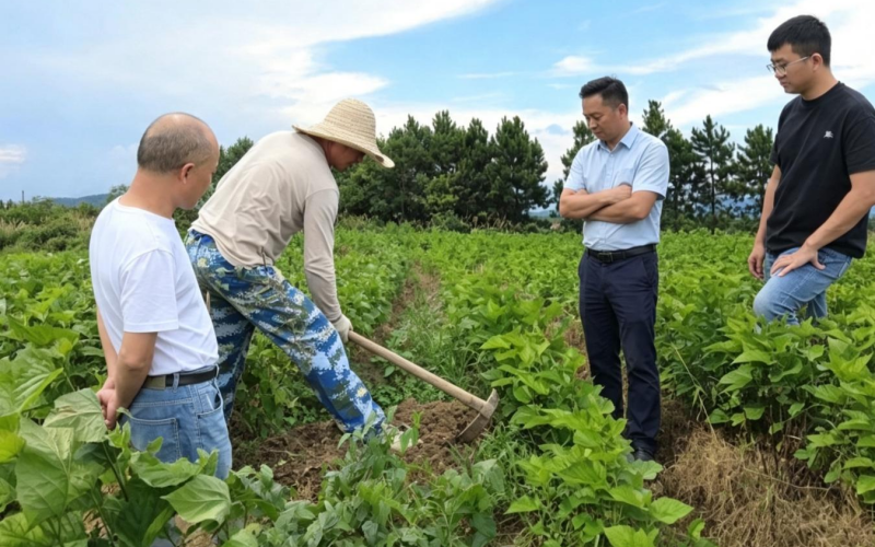 驻村队员与村干部下沉田间交流桑蚕管护技术。